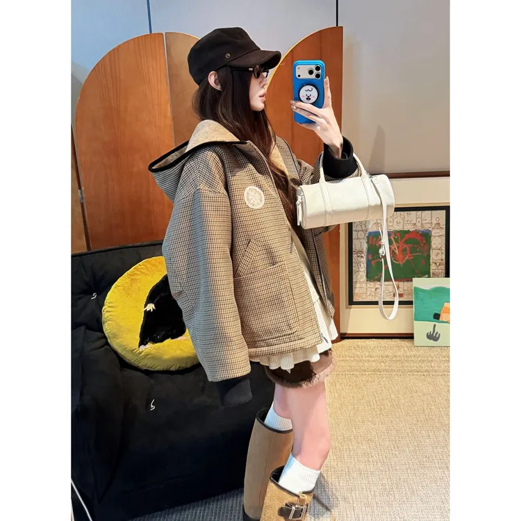 PCNY丨不理理「暄语云阶」连帽宽松型千鸟格夹克外套