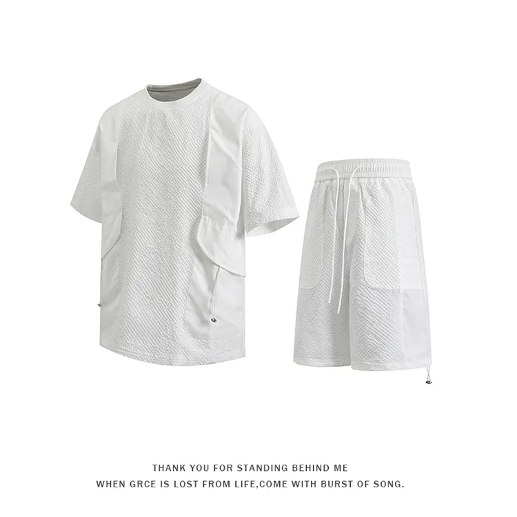 2025新款夏季泡泡格圆领休闲短袖套装宽松速干两件套透气舒适男士