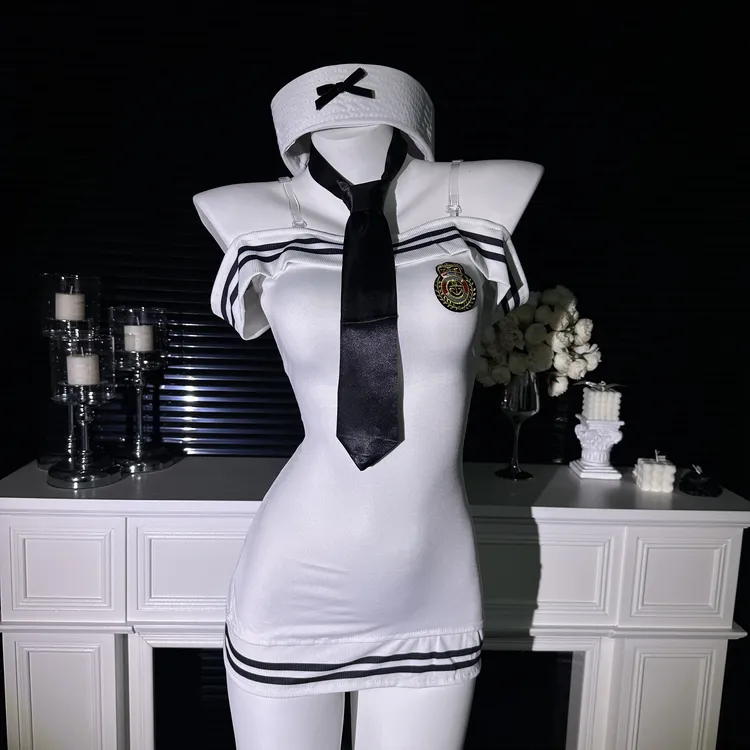 部派【纯情轮渡】性感一字肩露肩学院风气质水手服辣妹修身睡裙