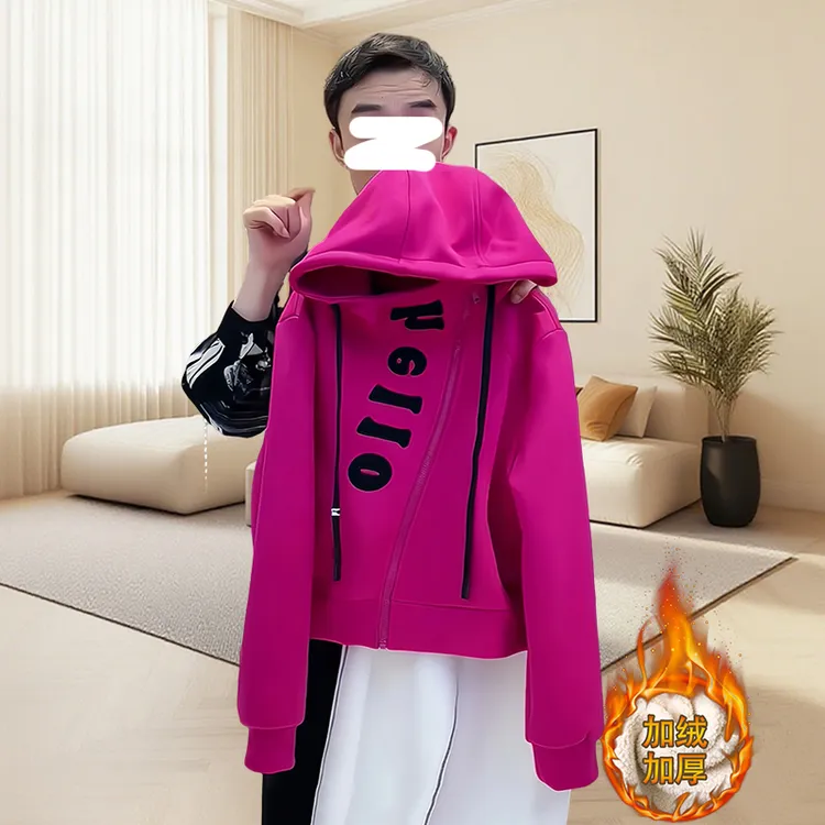 韩版短款开衫连帽卫衣斜拉链拼接小众长袖短外套玫红字母刺绣上衣