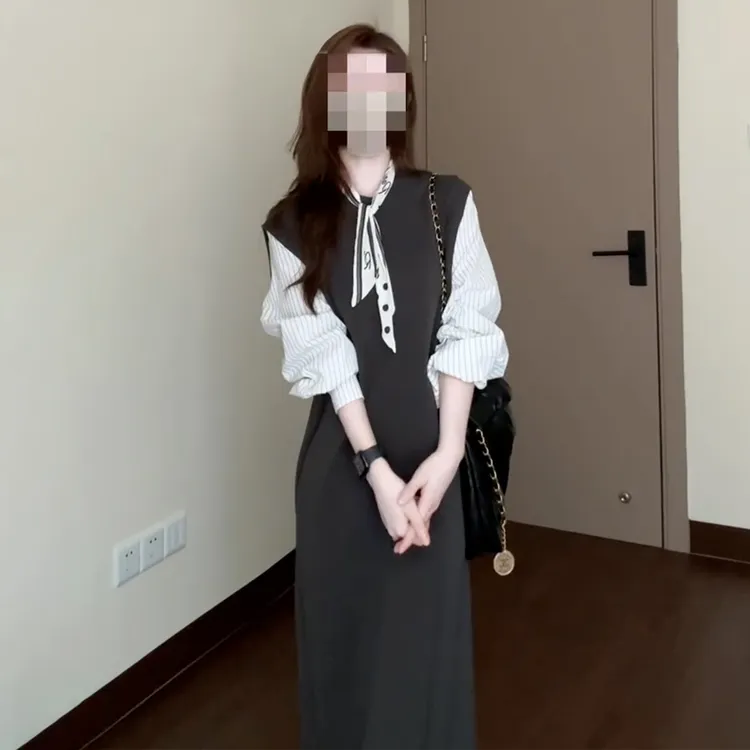 法式高级感灰色假两件长袖连衣裙子女早秋季2025新款绝美气质长裙