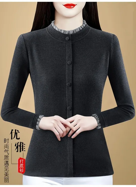 808花边领双面一体德绒打底衫秋冬时尚洋气小衫百搭妈妈保暖上衣