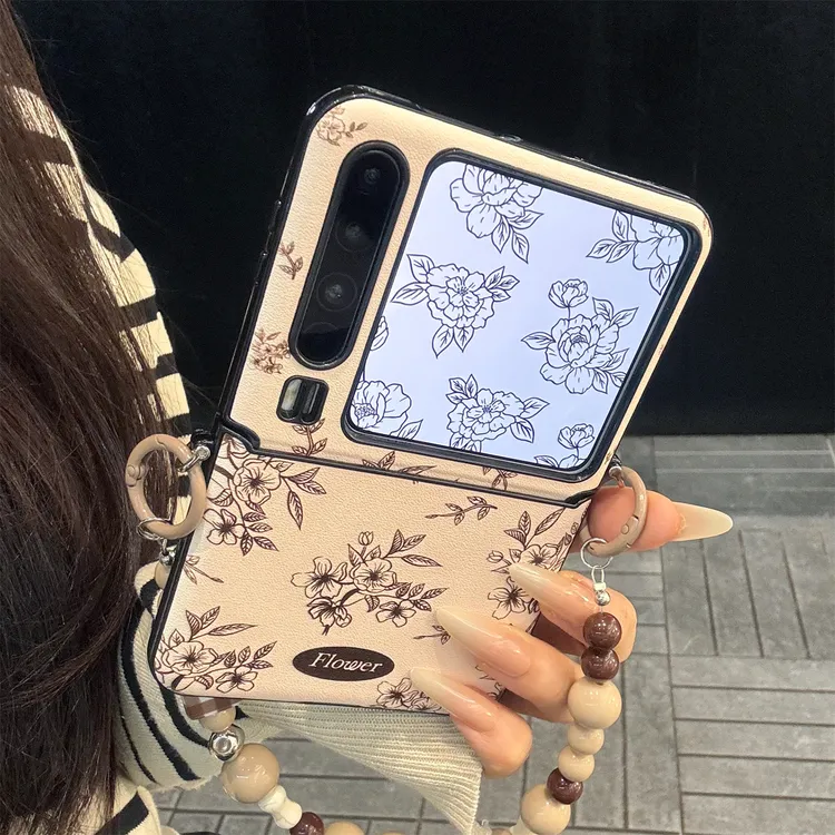 适用华为purax典藏版折叠屏手机壳pocket2米底皮纹素描花朵链条女