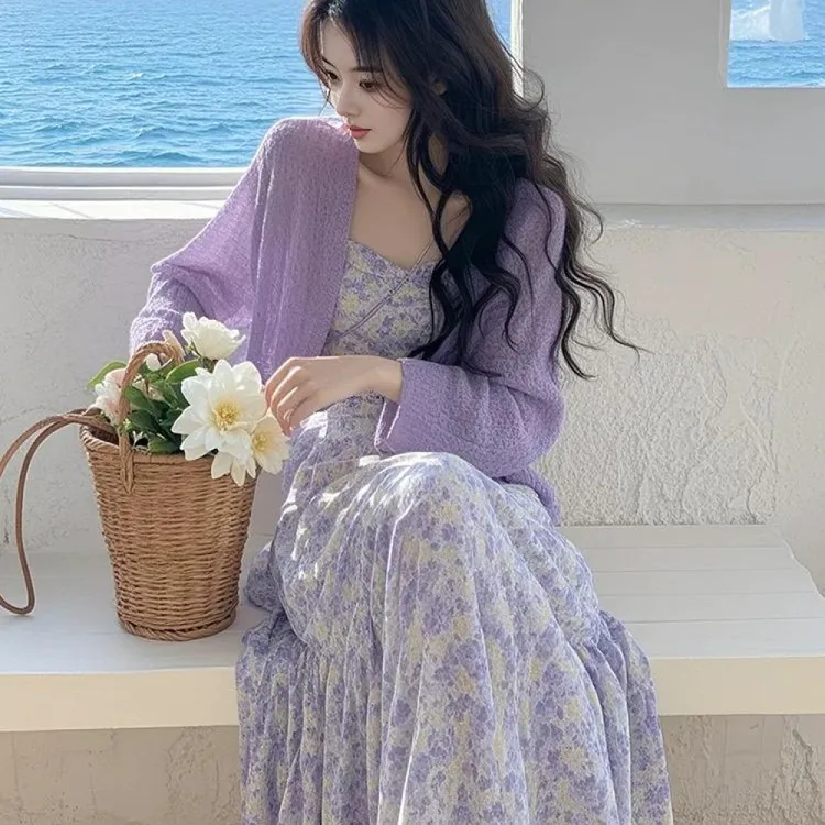 2025春季新款韩系穿搭高级感紫色开衫上衣碎花连衣裙显瘦两件套女