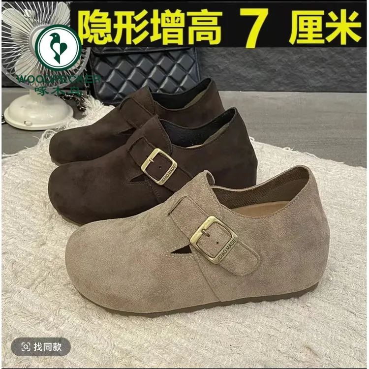 啄木鸟7cm~厚底内增高勃肯鞋百搭女2025秋冬新款小个子加绒单鞋女