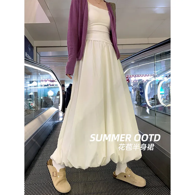 白色花苞半身裙女2025春夏款中长款高腰显瘦小个子法式伞裙a字裙