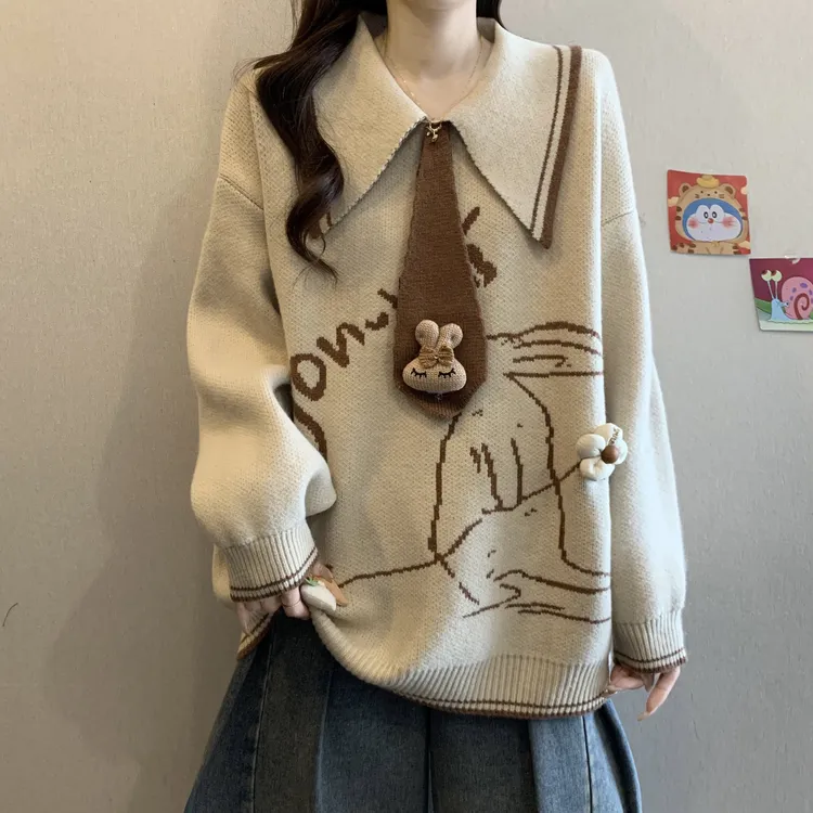 学院风polo领兔子刺绣毛衣女秋冬新款胖MM洋气减龄慵懒显瘦针织衫