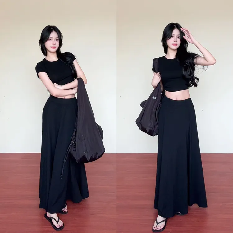 g0/B220 0726-2【XW】黑色时尚御姐辣妹修身短T恤大摆半身裙两件套