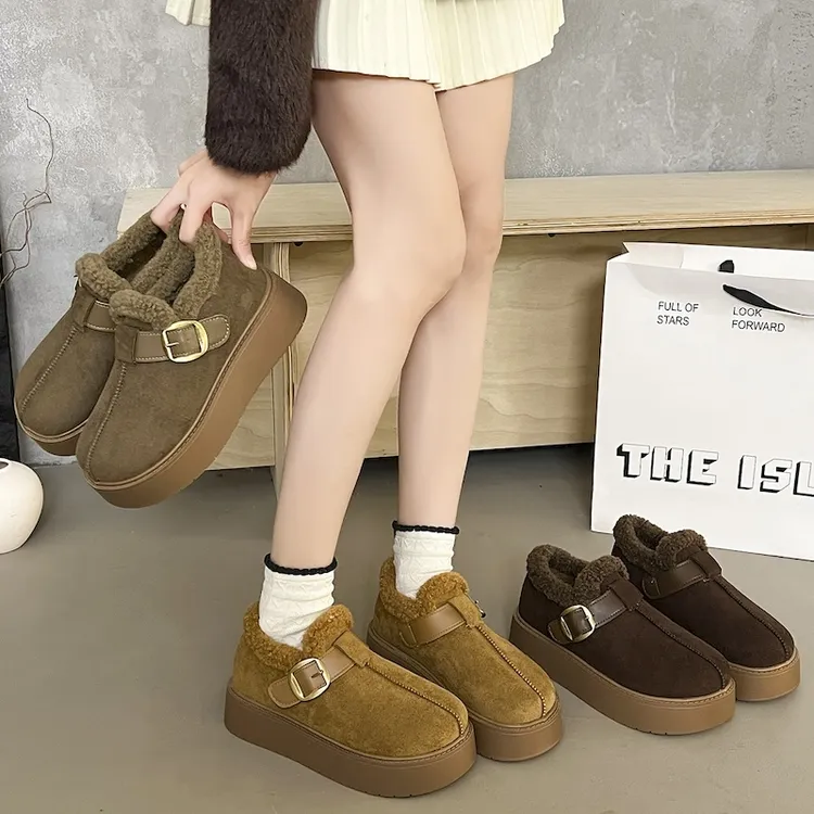 牛皮女鞋勃肯鞋女冬季加绒保暖厚底毛毛鞋加厚厚底棉鞋W789
