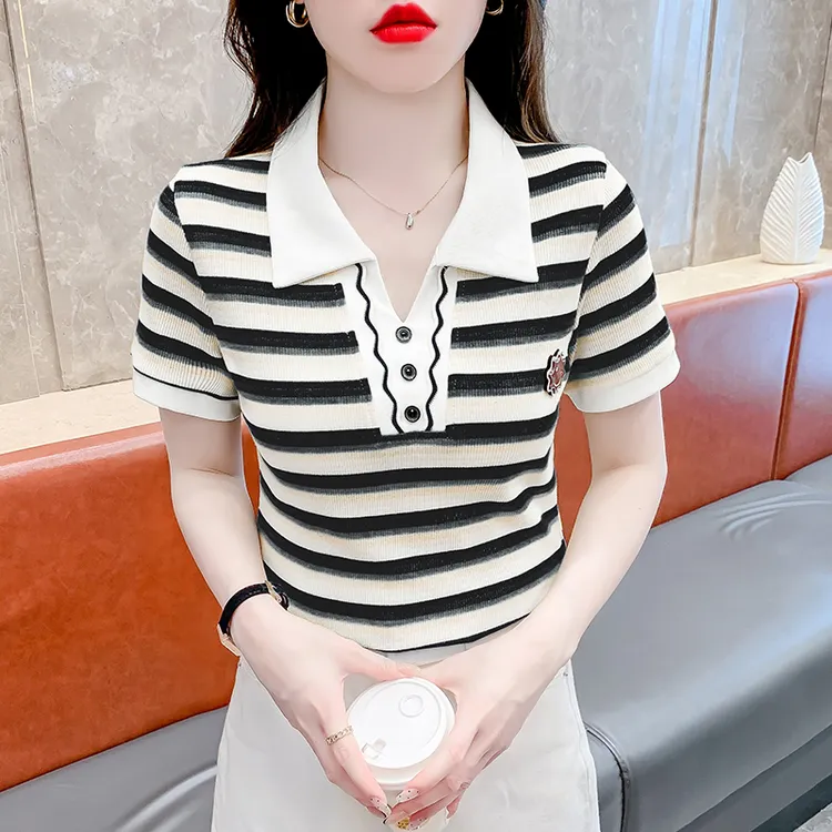 夏季洋气条纹打底衫显瘦polo衫百搭时尚气质女士减龄T恤短袖上衣