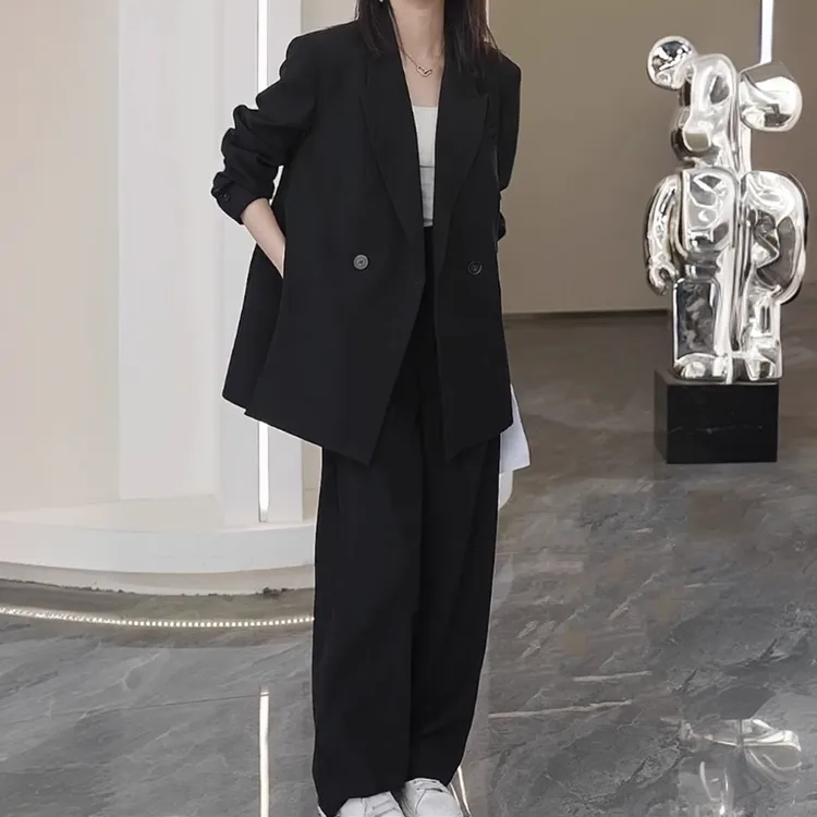 大码西装套装外套气质女春秋胖mm休闲设计感开叉西装阔腿裤两件套