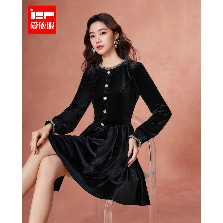 IEF/爱依服2025冬季新款气质显瘦高级名媛天鹅绒连衣裙