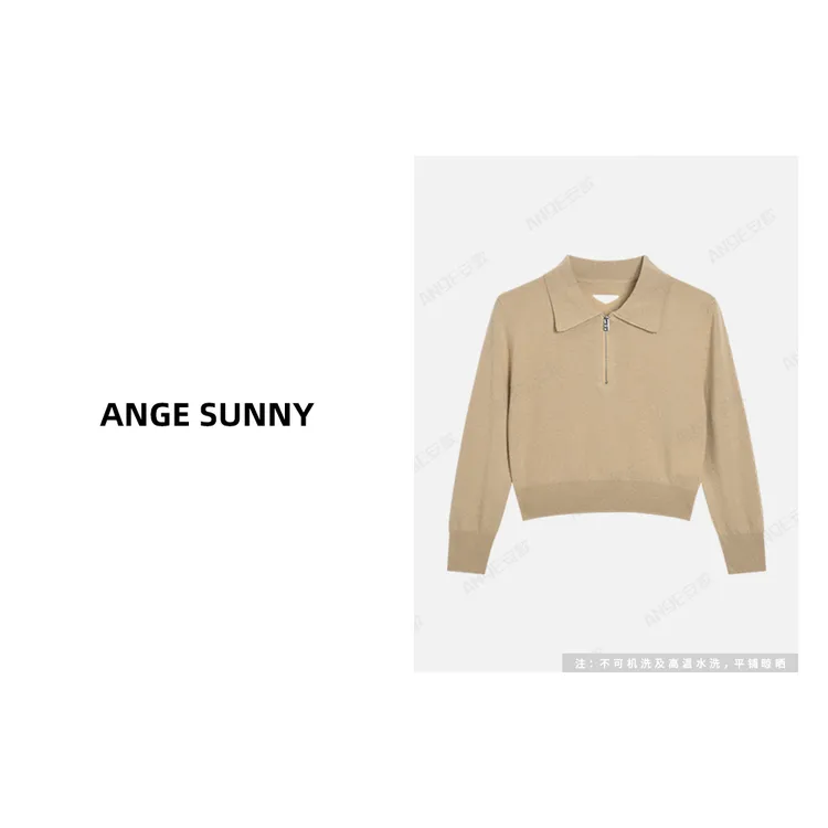 曲阳ANGE SUNNY【三角镂空羊毛衫】纯色长袖翻领半拉链针织上衣