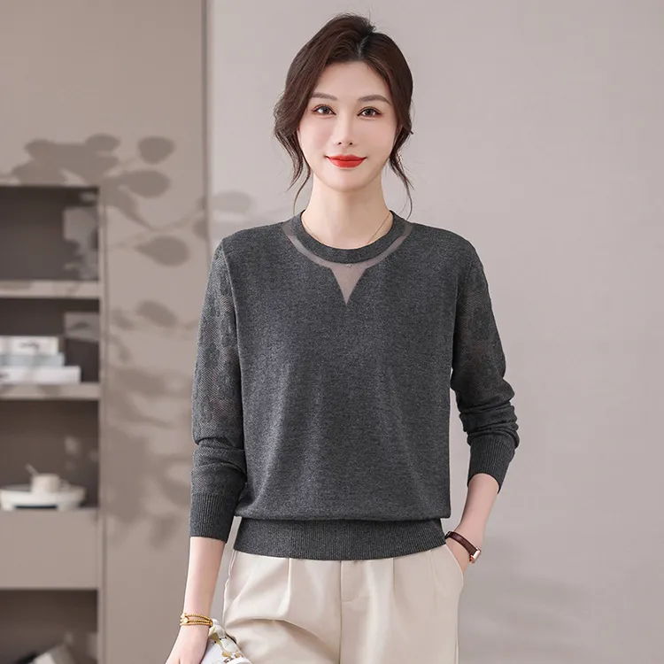 正品女装早秋薄款针织衫上衣2025新款宽松大码圆领纯色长袖打底衫