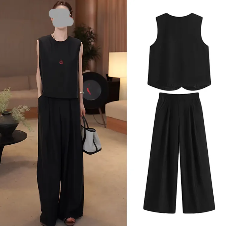 无袖上衣两件套夏季超火穿搭减龄洋气小坎肩背心显瘦阔腿长裤套装