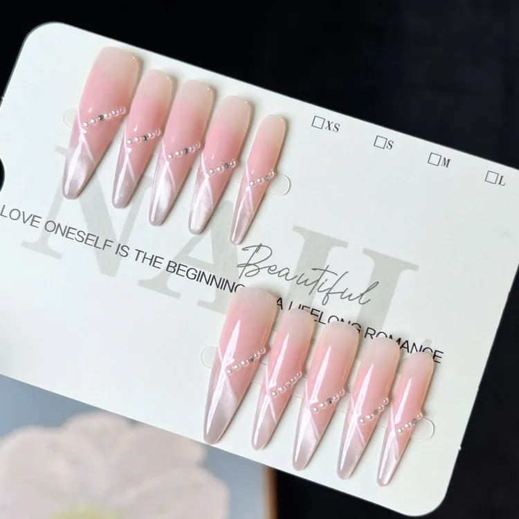 S015细狗尖4.0纯手工斜法式珍珠锆石长款穿戴甲甜美显白美甲贴片