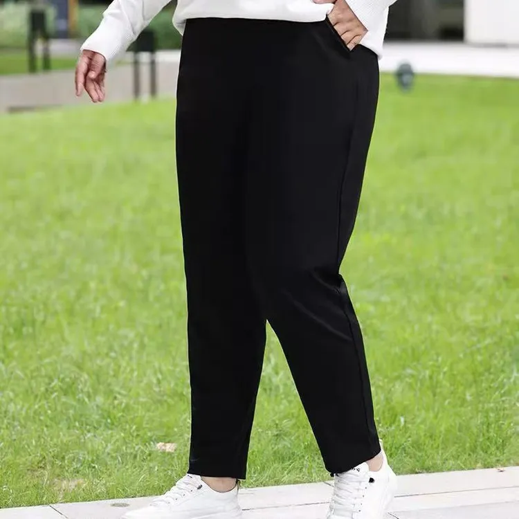 300斤加大码秋冬高腰显瘦休闲裤胖妈妈宽松百搭哈伦裤黑色长裤