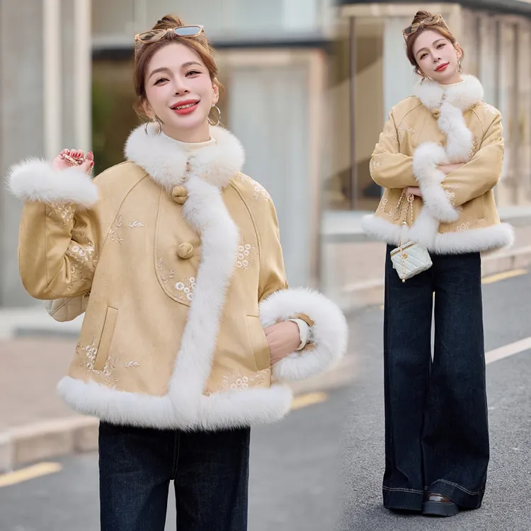 新中式重工刺绣羽绒服女2025冬新款皮草狐狸毛拼接短款白鸭绒外套