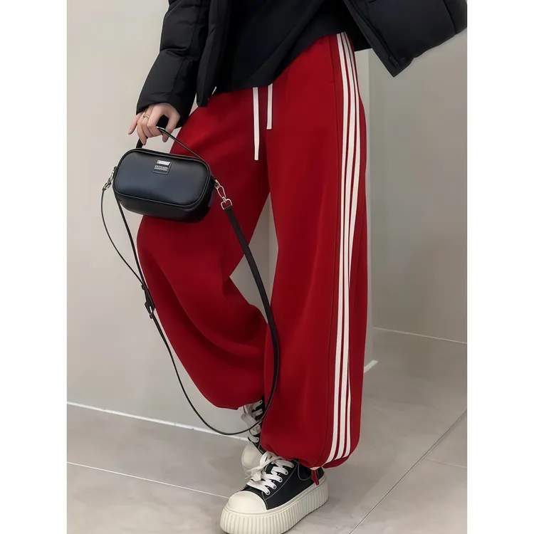 运动风侧条纹加绒休闲裤女2025冬季高街宽松抽绳卫裤加厚阔腿裤