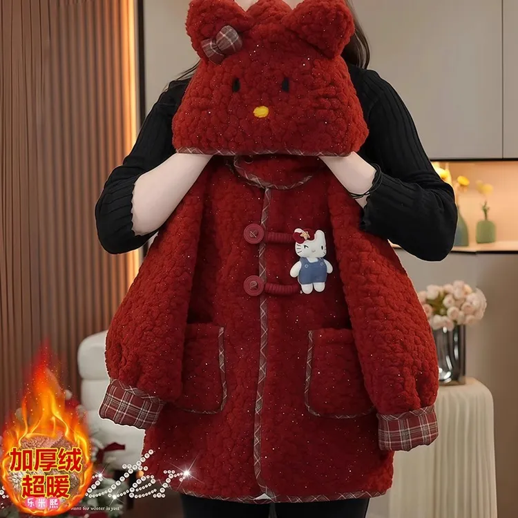 女童红色加绒毛毛衣大衣2025新款秋冬款卡通中长款加厚羊羔绒外套