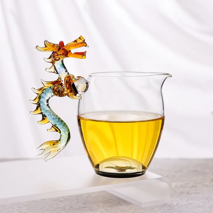 祥龙戏珠青龙把公道杯把轻奢茶器加厚透明专用赤龙公道杯茶道玻璃