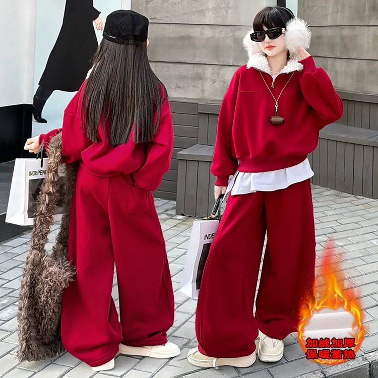 女童加绒套装红色本命年衣服2026新款卫衣冬装儿童新年拜年服套装