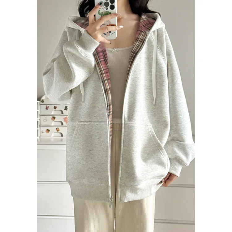 女款外套复古连帽开衫格子设计休闲潮牌宽松慵懒秋冬时尚百搭卫衣
