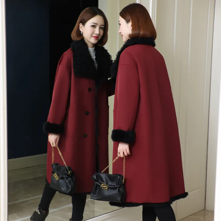 2025冬季新款时尚百搭派克服兔毛内胆女长款宽松羊羔毛领皮草大衣