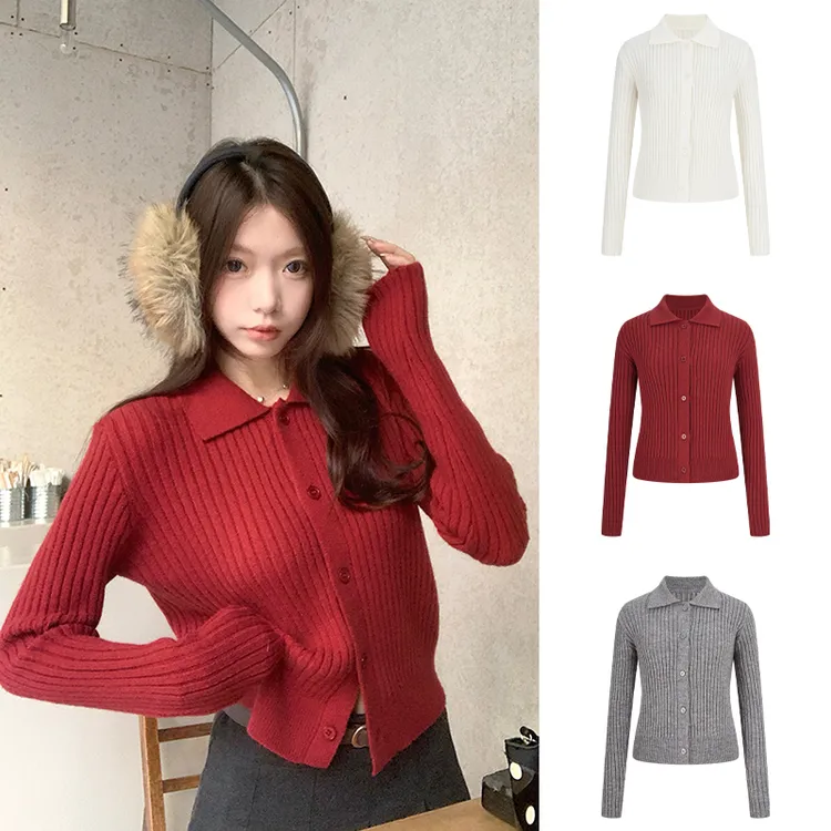 Moses Queen/魔西女王新年红针织复古风POLO领秋冬短款洋气设计感