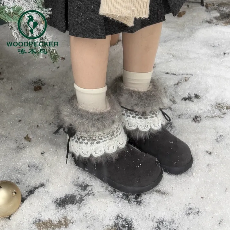 啄木鸟小众复古圆头毛毛雪地靴2025秋冬新款加绒保暖东北棉鞋短靴