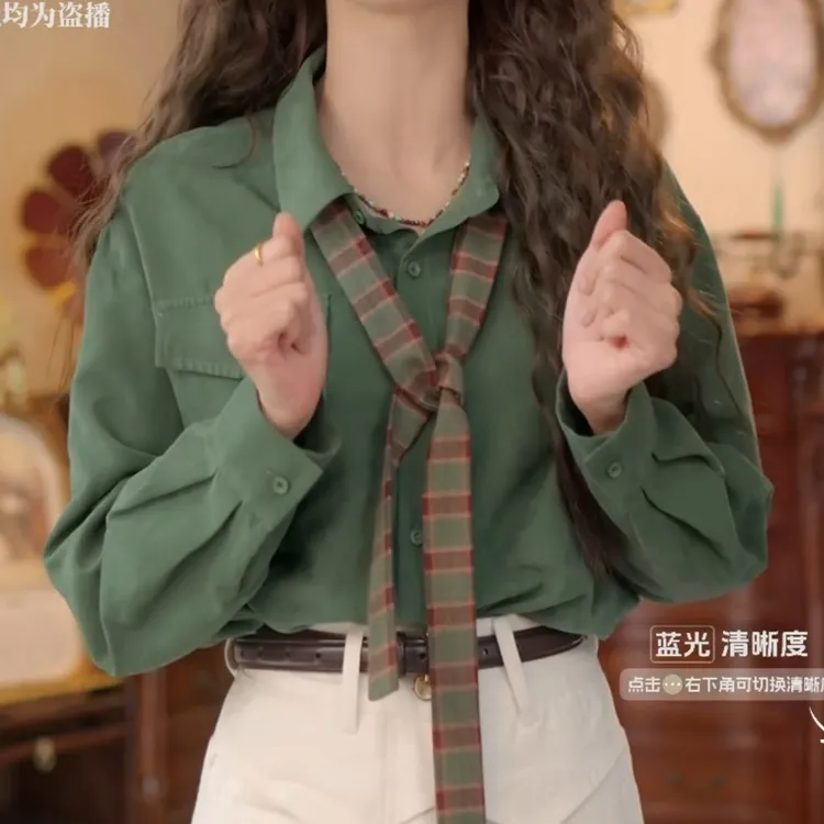 【深邃松林】港风复古纯色气质长袖百搭宽松衬衫LK2506639