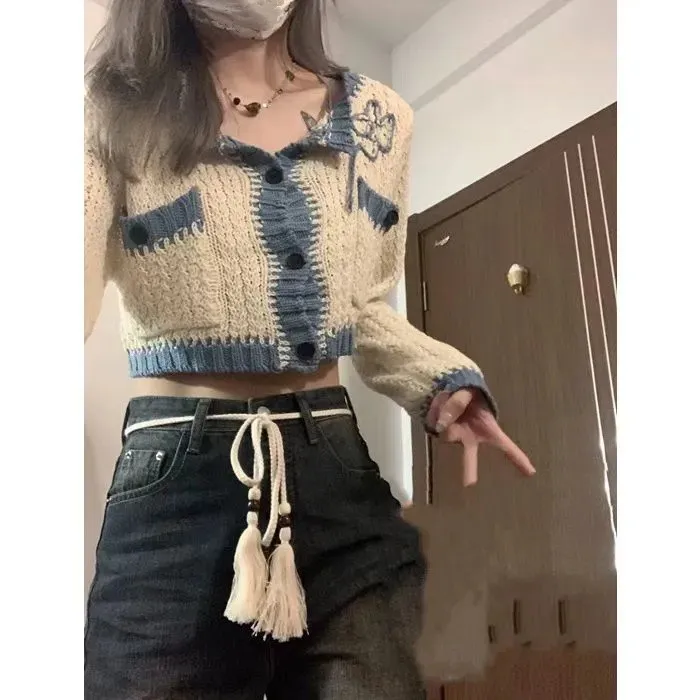 法式小香风针织衫女2025新款春秋款小众设计刺绣短款上衣开衫外套