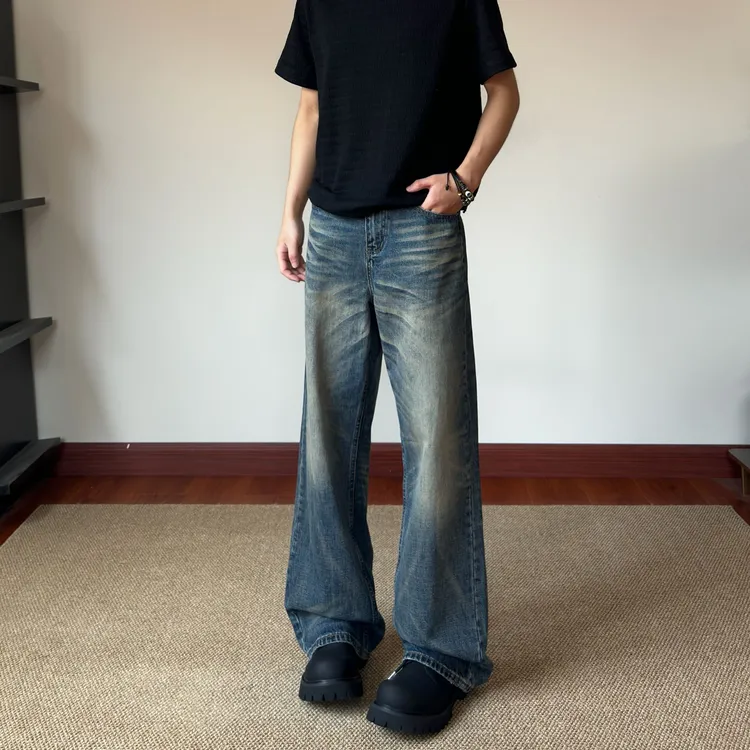 布老哥Blog美式复古手擦猫须牛仔裤宽松cleanfit直筒长裤子K776