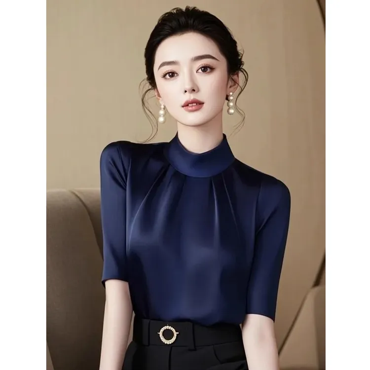 洋气独特超好看别致绝美漂亮小衫高级感时尚藏蓝色短袖上衣女