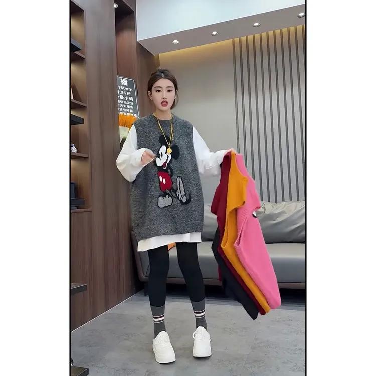 米奇针织马甲女刺绣卡通动漫印花透气韩式马夹时尚马甲宽松