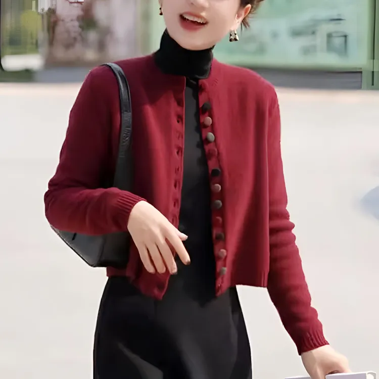 彩扣圆领开衫毛衣女外套针织衫春秋内搭洋气宽松显瘦短款上衣X106
