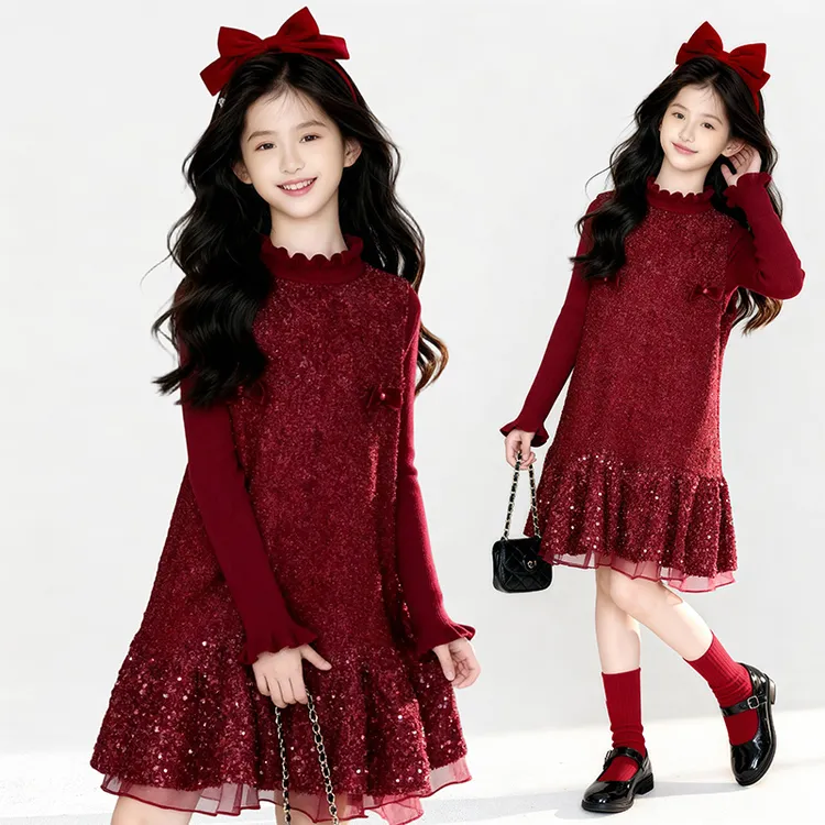 女童红色秋冬季2025新款加厚保暖设计亮片洋气拜年服连衣裙两件套