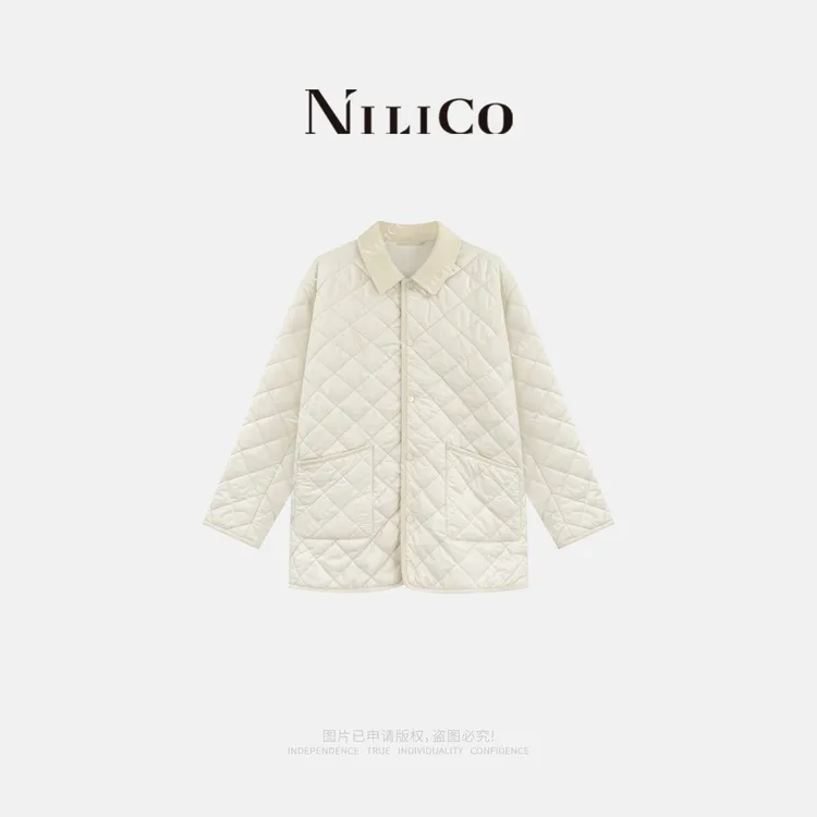 NILICO【淡雅白茶】气质简约长绒棉灯芯绒领边菱格加厚显瘦棉服