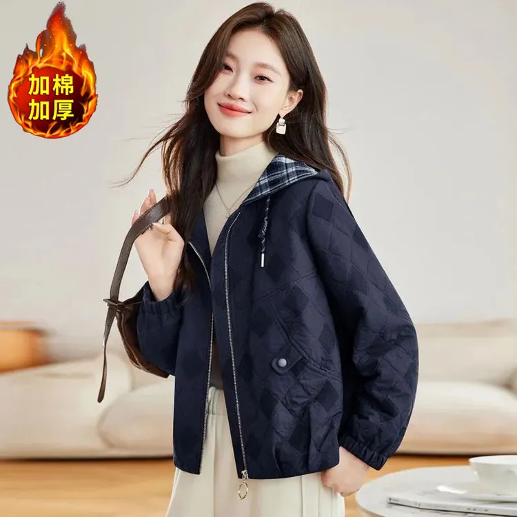 轻薄夹棉外套女棉服2025秋冬新款时尚中年妈妈上衣菱格连帽小棉袄
