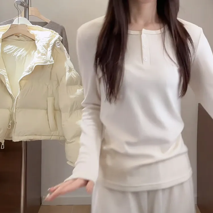 闲日短款修身圆领长袖打底T恤秋冬2025新款显瘦白色时尚百搭上衣