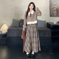 胖颖专属大码秋季新款美拉德风学院Polo领毛衣+半裙套装8735