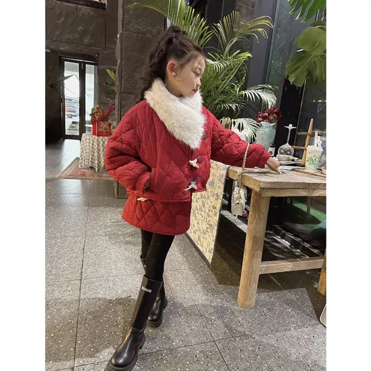 女童冬季气质千金风棉服菱格绗棉保暖棉衣加绒加厚款洋气短裙套装