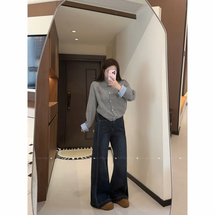 7010#深蓝不贴腿牛仔裤女新款秋冬季复古显瘦高腰宽松直筒微喇裤