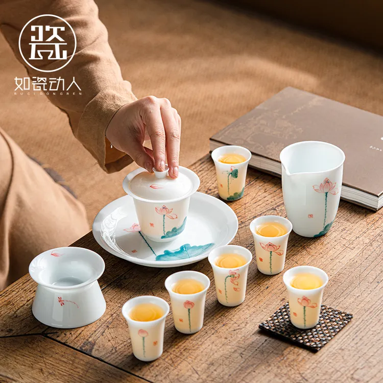 如瓷动人冰种玉瓷功夫茶具套装家用中式高档手绘盖碗茶杯礼盒装