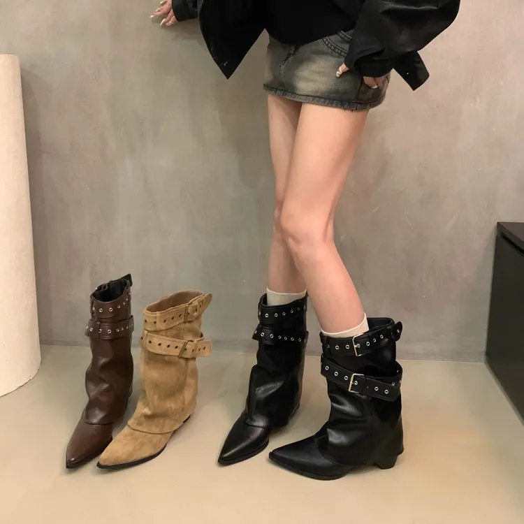 美式辣妹皮带扣裤管靴短筒靴女靴2025早秋新款小众设计短靴西部靴