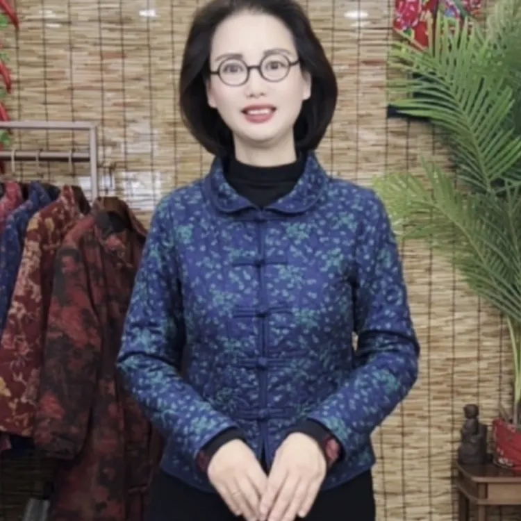 〈花苑1〉高织精梳棉圆领盘扣长袖休闲秋冬小棉衣优雅妈妈装2152-1