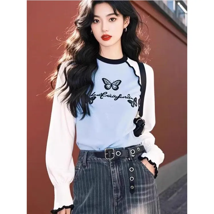  蓝白撞色拼接圆领长袖T恤女2025春秋新款设计感小众宽松印花上衣