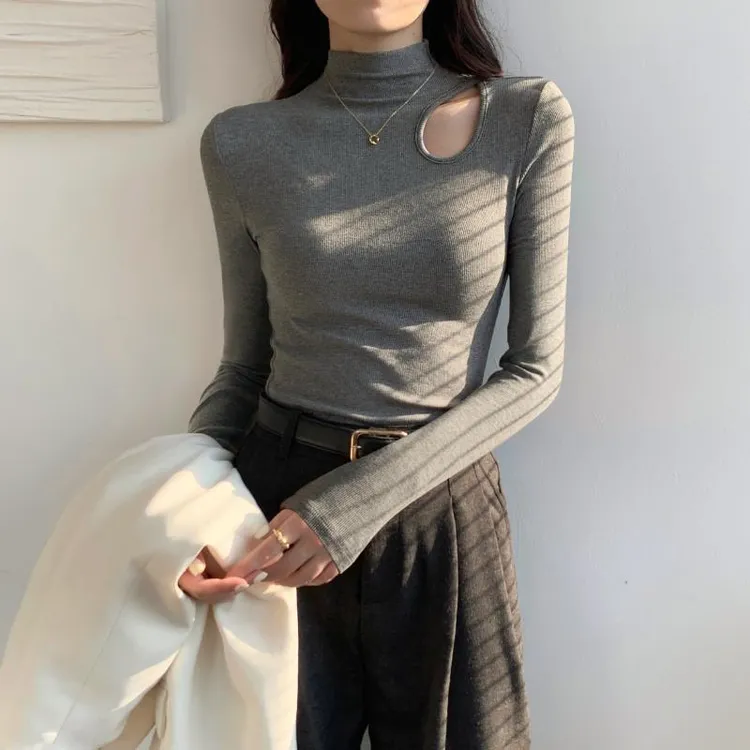 VOCKOO灰色半高领打底衫女内搭春秋冬2025新款洋气螺纹长袖镂空中