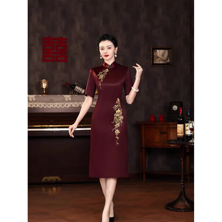 S2025春夏款醋酸弹力缎刺绣花旗袍修身显瘦日常连衣裙礼服妈妈装