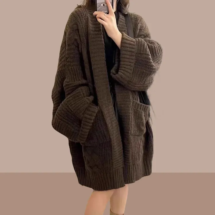 秋冬装时尚新款韩国ins慵懒风大板型毛衣针织衫开衫中长款外套女